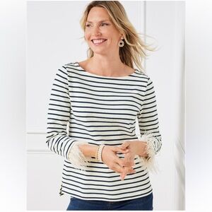 Talbots feather cuff Bateau neck tee white black striped cotton medium petite